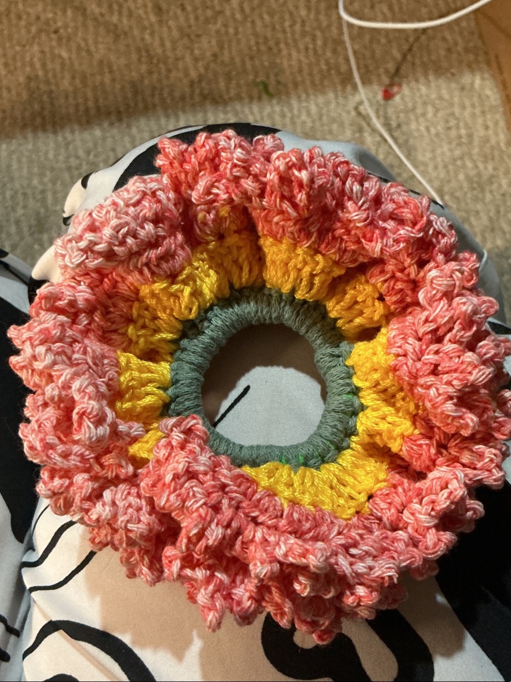 Handmade Crochet Blossom Scrunchie in Pink, Yellow, Green